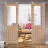 Top Mounted Stainless Steel Sliding Track & Double Door - Belize Oak Doors - Silkscreen Etched Clear Glass - Unfinished