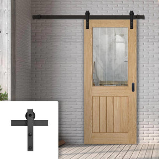 Image: Single Sliding Door & Black Barn Track - Belize Oak Door - Silkscreen Etched Glass - Prefinished