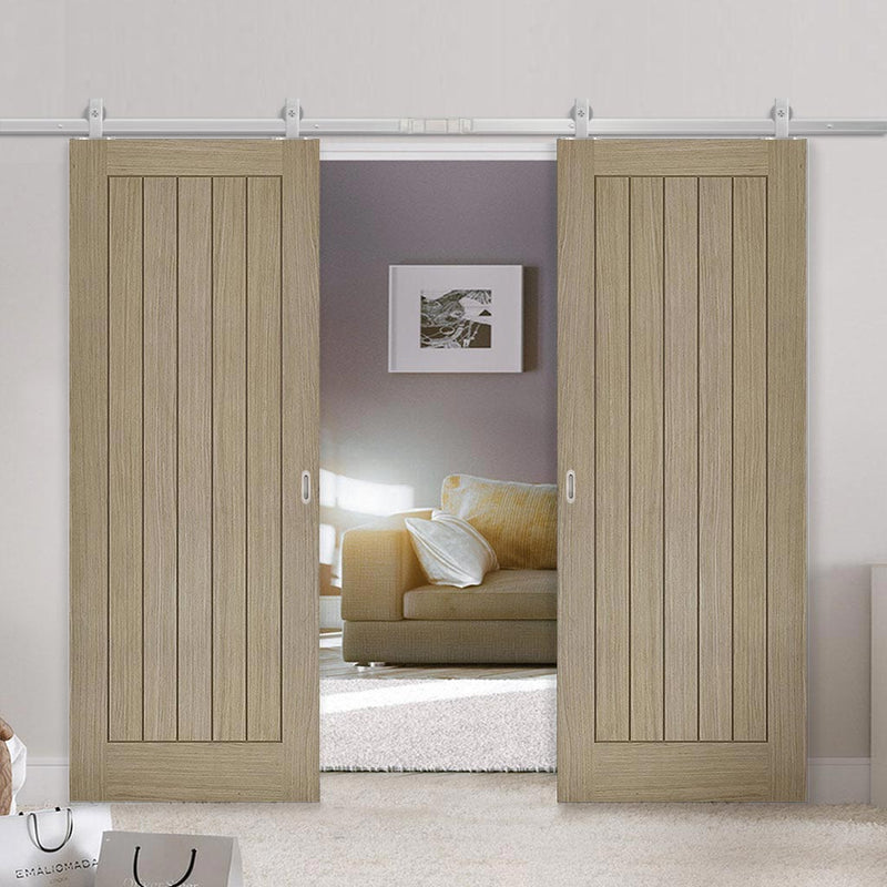 Top Mounted Stainless Steel Sliding Track & Double Door - Belize Light Grey Flush Doors - Prefinished