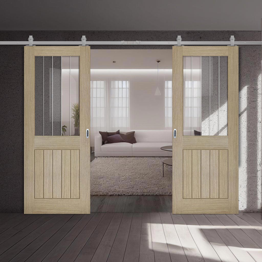 Top Mounted Stainless Steel Sliding Track & Double Door - Belize Light Grey Doors  - Clear Glass Frosted Lines - Prefinished