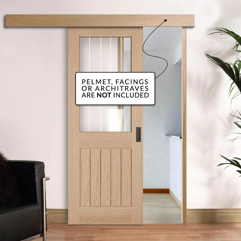 Single Sliding Door & Wall Track - Belize Oak Door - Silkscreen Etched Clear Glass - Unfinished