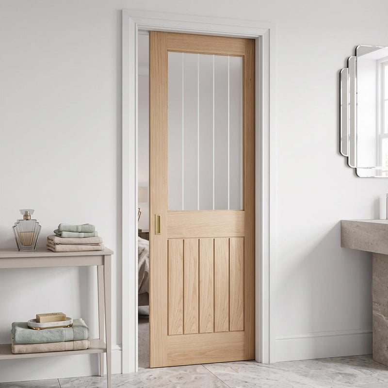 Belize Oak Single Evokit Pocket Door - Silkscreen Etched Clear Glass