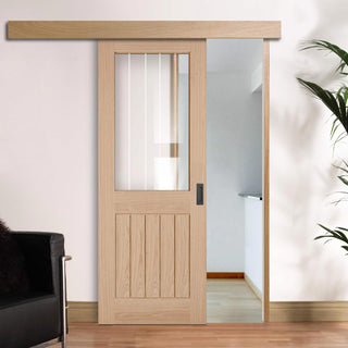 Image: Single Sliding Door & Wall Track - Belize Oak Door - Silkscreen Etched Clear Glass - Unfinished