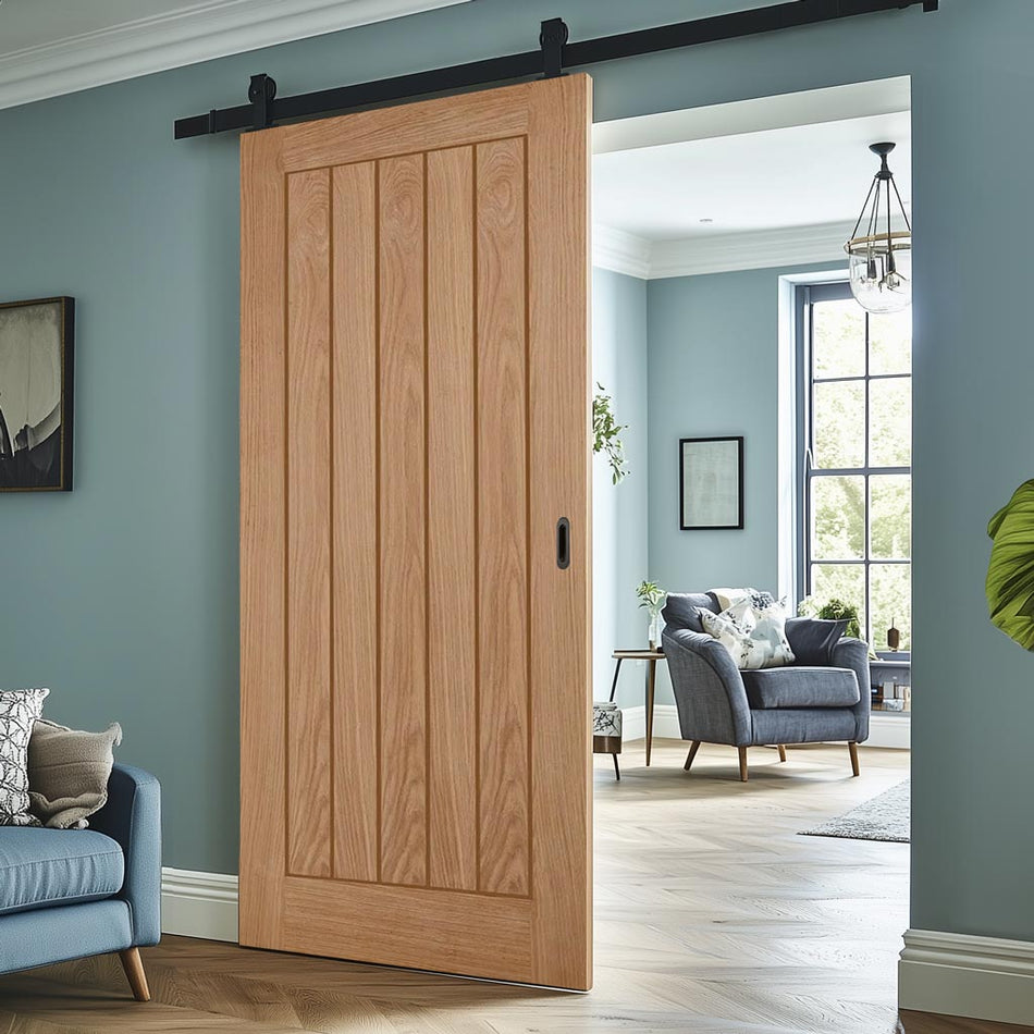 Top Mounted Black Sliding Track & Door - Belize Oak Door - Unfinished