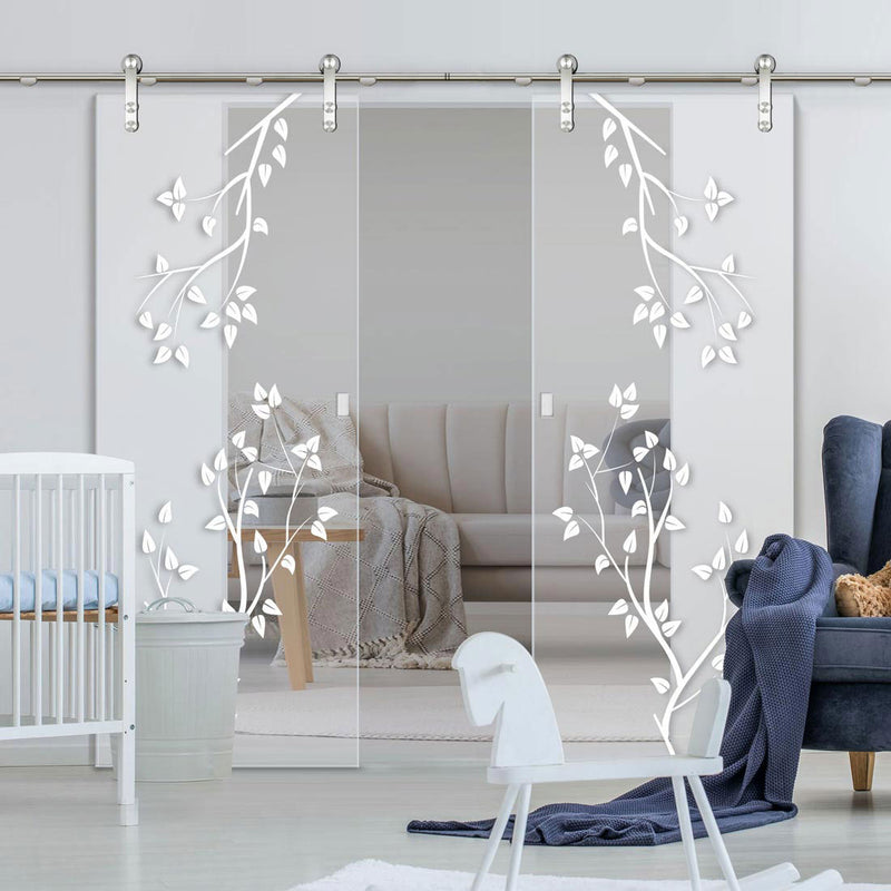 Double Glass Sliding Door - Solaris Tubular Stainless Steel Sliding Track & Birch Tree 8mm Clear Glass - Obscure Printed Design