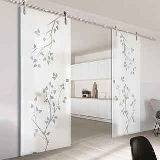 Image: Double Glass Sliding Door - Solaris Tubular Stainless Steel Sliding Track & Birch Tree 8mm Obscure Glass - Clear Printed Design