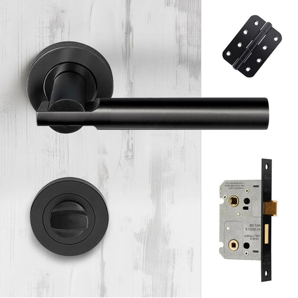 Turin Door Lever Bathroom Handle Pack - 3 Radius Cornered Hinges - Matt Black