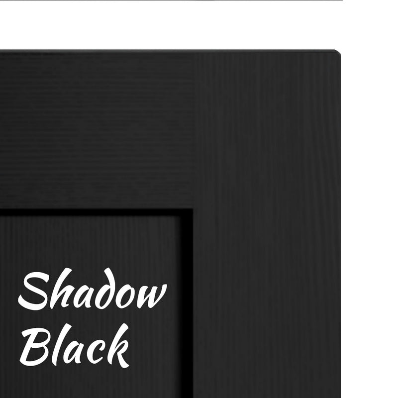 A close-up image of a shadow black finish door frame with the text 'Shadow Black' displayed.