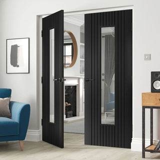 Image: J B Kind Laminates Aria Black Glazed Internal Internal Door Pair - Clear Glass - Prefinished