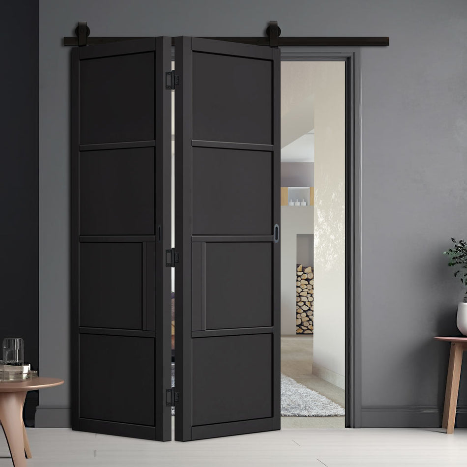 Sliding Top Mounted Black Folding Track & Double Door - Chelsea 4 Panel Black Painted Door - Prefinished