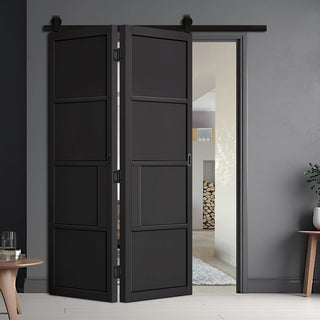 Image: SpaceEasi Top Mounted Black Folding Track & Double Door  - Chelsea 4 Panel Black Primed Door
