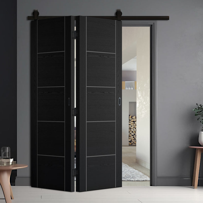 Sliding Top Mounted Black Folding Track & Double Door - Laminate Vancouver Black Door - Prefinished