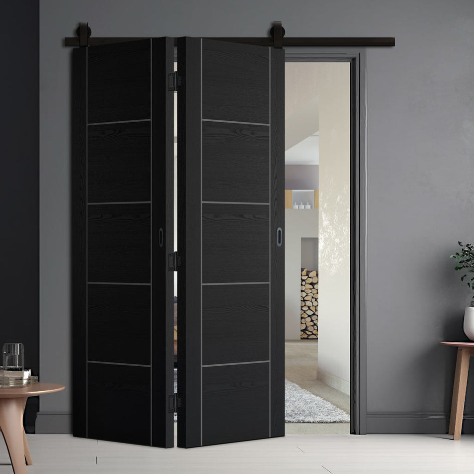 Sliding Top Mounted Black Folding Track & Double Door - Laminate Vancouver Black Door - Prefinished