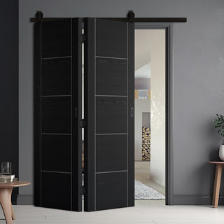 Image: SpaceEasi Top Mounted Black Folding Track & Double Door  - Laminate Vancouver Black Door - Prefinished