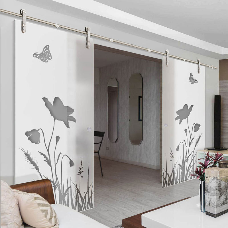 Double Glass Sliding Door - Solaris Tubular Stainless Steel Sliding Track & Butterfly 8mm Obscure Glass - Clear Printed Design