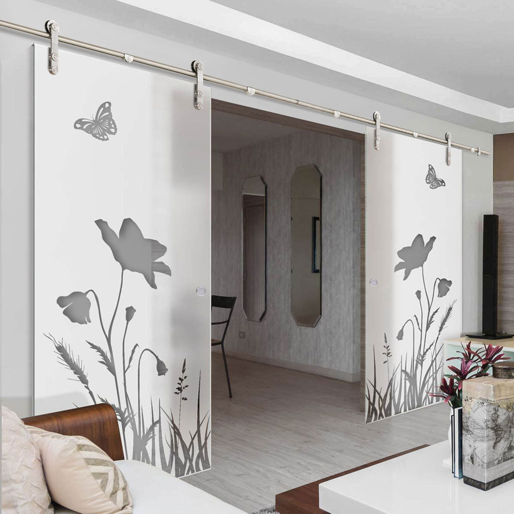 Double Glass Sliding Door - Solaris Tubular Stainless Steel Sliding Track & Butterfly 8mm Obscure Glass - Clear Printed Design