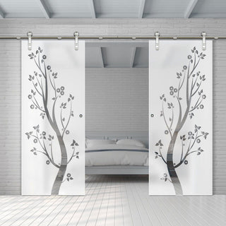 Image: Double Glass Sliding Door - Solaris Tubular Stainless Steel Sliding Track & Blooming Tree 8mm Obscure Glass - Clear Printed Design