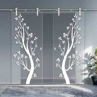 Image: Double Glass Sliding Door - Solaris Tubular Stainless Steel Sliding Track & Blooming Tree 8mm Clear Glass - Obscure Printed Design