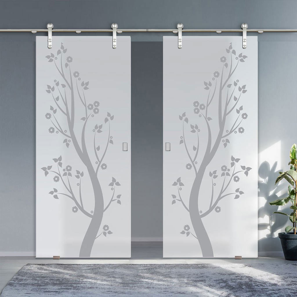Double Glass Sliding Door - Solaris Tubular Stainless Steel Sliding Track & Blooming Tree 8mm Obscure Glass - Obscure Printed Design