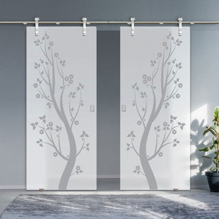 Image: Double Glass Sliding Door - Solaris Tubular Stainless Steel Sliding Track & Blooming Tree 8mm Obscure Glass - Obscure Printed Design