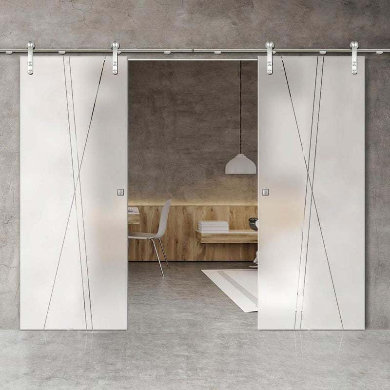 Double Glass Sliding Door - Solaris Tubular Stainless Steel Sliding Track & Borthwick 8mm Obscure Glass - Clear Printed Design