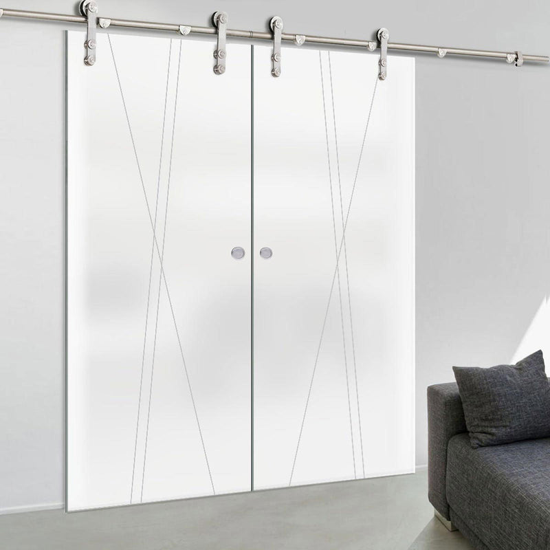Double Glass Sliding Door - Solaris Tubular Stainless Steel Sliding Track & Borthwick 8mm Obscure Glass - Obscure Printed Design