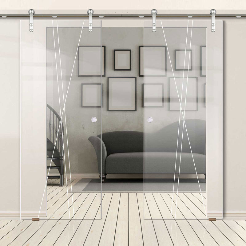 Double Glass Sliding Door - Solaris Tubular Stainless Steel Sliding Track & Borthwick 8mm Clear Glass - Obscure Printed Design