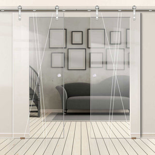 Image: Double Glass Sliding Door - Solaris Tubular Stainless Steel Sliding Track & Borthwick 8mm Clear Glass - Obscure Printed Design