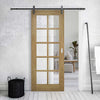 Single Sliding Door & Black Barn Track - Bristol Oak Unfinished Door - 10 Pane Clear Bevelled Safety Glass