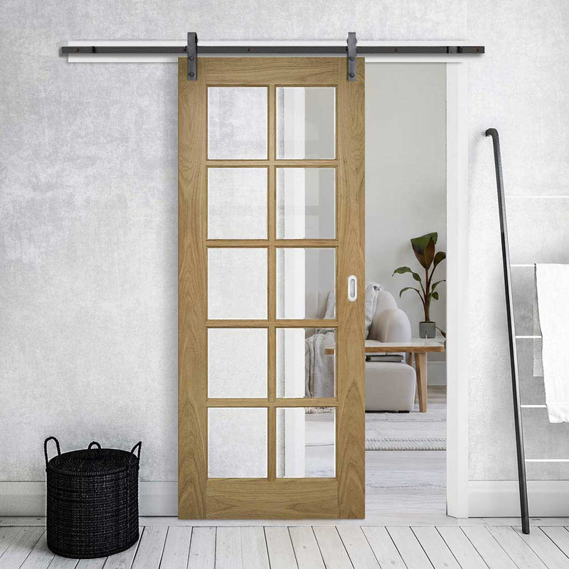 Single Sliding Door & Black Barn Track - Bristol Oak Unfinished Door - 10 Pane Clear Bevelled Safety Glass
