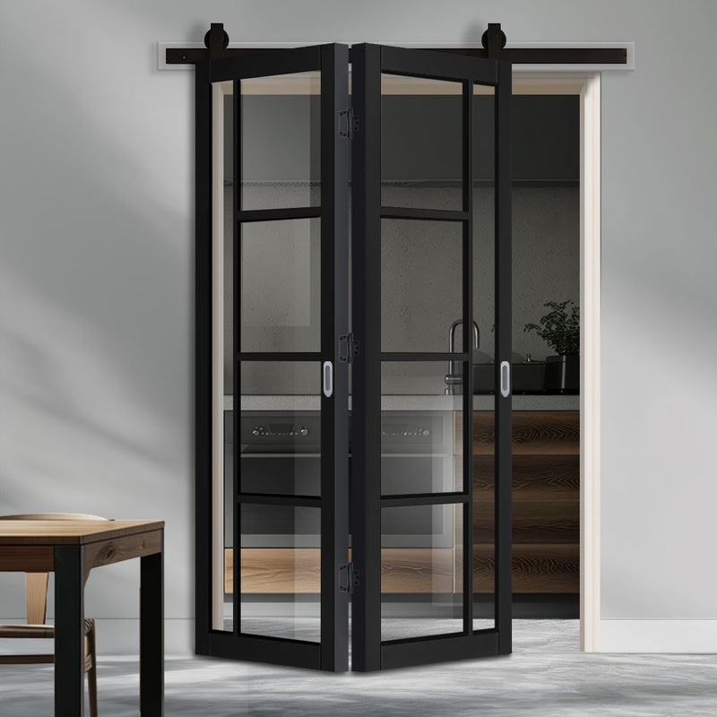 SpaceEasi Top Mounted Black Folding Track & Double Door - Brixton Black Door - Prefinished - Clear Glass - Urban Collection