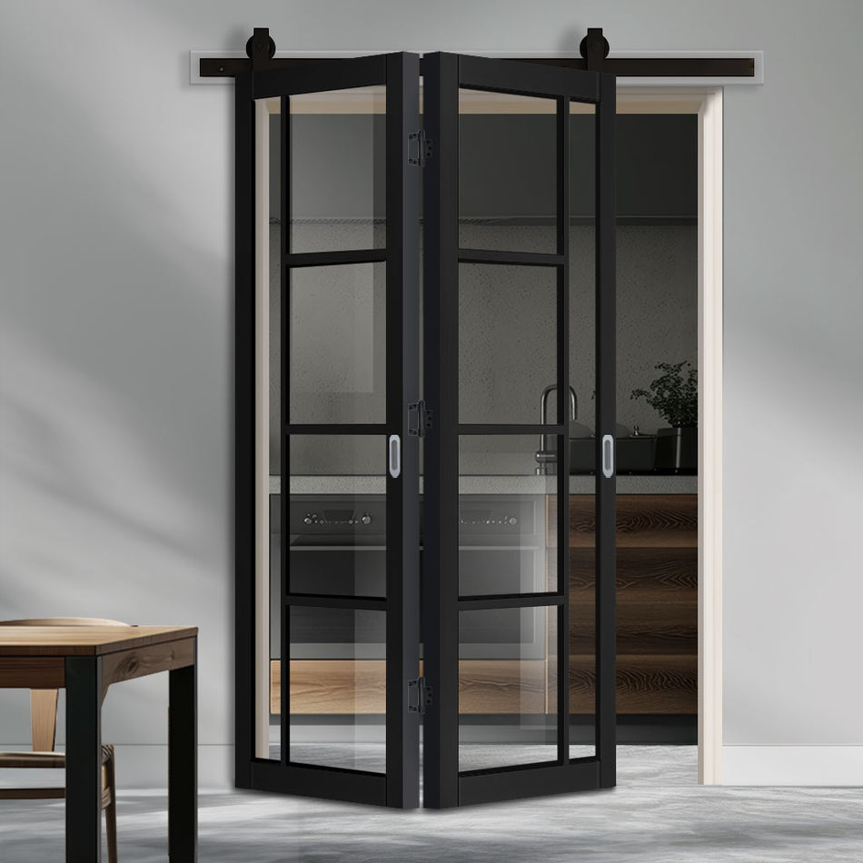 Sliding Top Mounted Black Folding Track & Double Door - Brixton Black Door - Prefinished - Clear Glass - Urban Collection