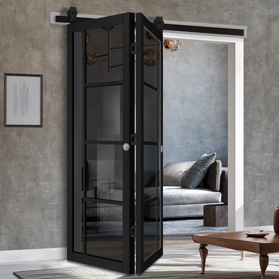 Sliding Top Mounted Black Folding Track & Double Door - Brixton Black Door - Prefinished - Tinted Glass - Urban Collection