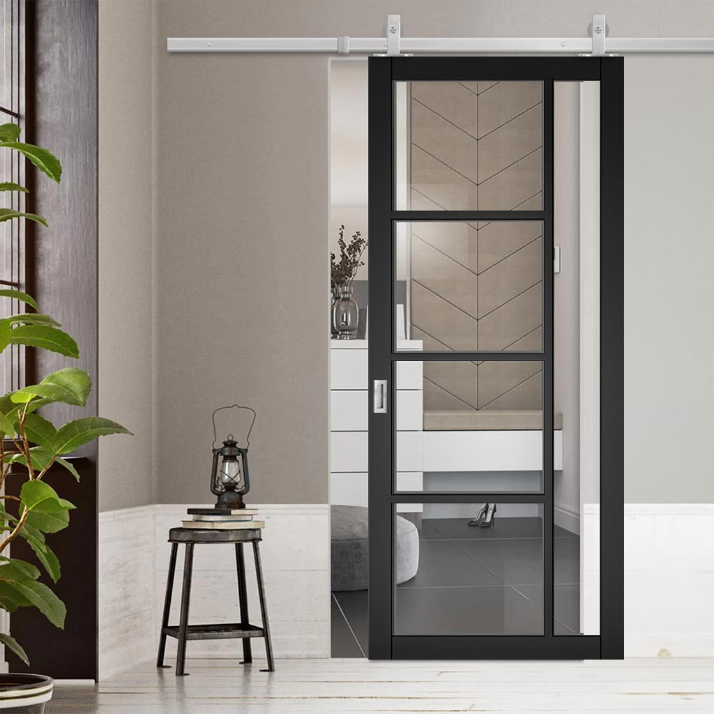 Top Mounted Stainless Steel Sliding Track & Brixton Black Door - Prefinished - Clear Glass - Urban Collection