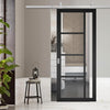 Top Mounted Stainless Steel Sliding Track & Brixton Black Door - Prefinished - Clear Glass - Urban Collection