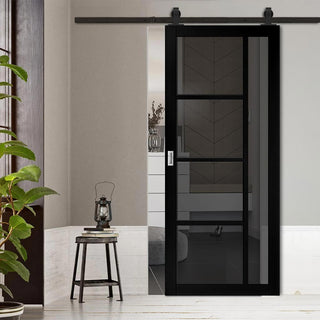 Image: Top Mounted Sliding Track & Door - Brixton Black Door - Prefinished - Tinted Glass - Urban Collection
