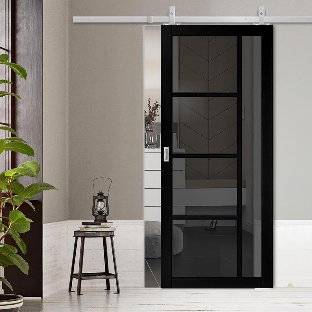 Top Mounted Stainless Steel Sliding Track & Brixton Black Door - Prefinished - Tinted Glass - Urban Collection
