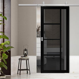 Image: Top Mounted Stainless Steel Sliding Track & Brixton Black Door - Prefinished - Tinted Glass - Urban Collection