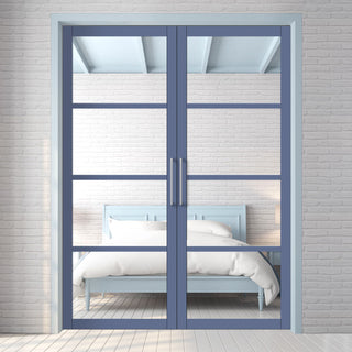 Image: Brooklyn 4 Pane Solid Wood Internal Door Pair UK Made DD6308G - Clear Glass - Eco-Urban® Heather Blue Premium Primed