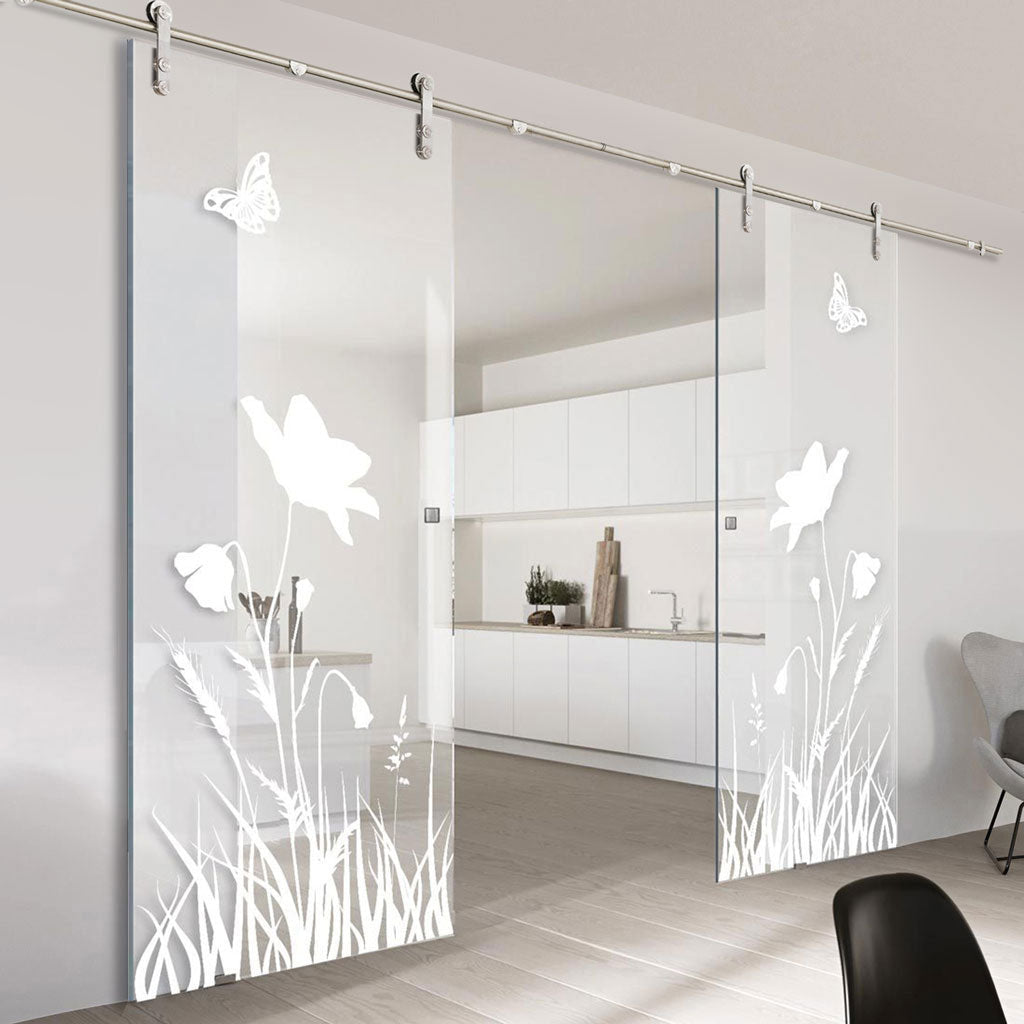 Double Glass Sliding Door - Solaris Tubular Stainless Steel Sliding Track & Butterfly 8mm Clear Glass - Obscure Printed Design