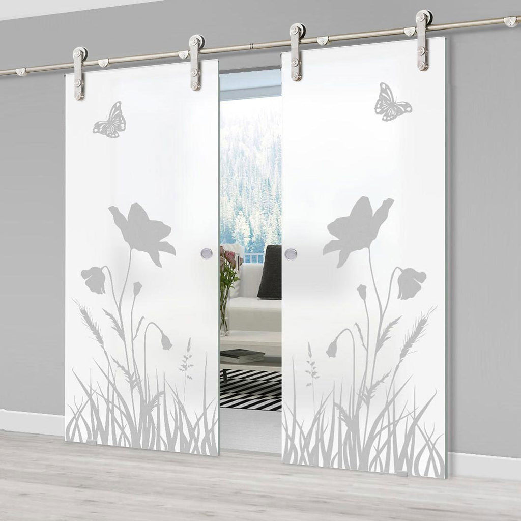 Double Glass Sliding Door - Solaris Tubular Stainless Steel Sliding Track & Butterfly 8mm Obscure Glass - Obscure Printed Design