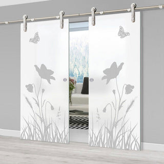 Image: Double Glass Sliding Door - Solaris Tubular Stainless Steel Sliding Track & Butterfly 8mm Obscure Glass - Obscure Printed Design