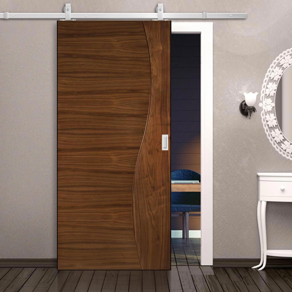 Top Mounted Stainless Steel Sliding Track & Contemporary Design Cadiz Prefinished Walnut Door