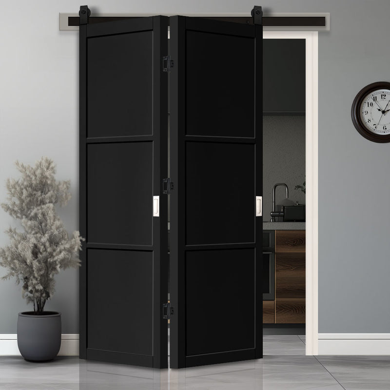 SpaceEasi Top Mounted Black Folding Track & Double Door - Camden Black Door - Prefinished - Urban Collection