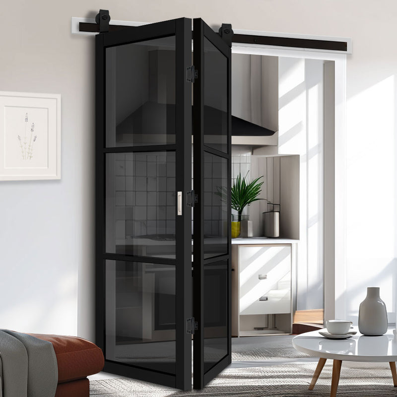 SpaceEasi Top Mounted Black Folding Track & Double Door - Camden Black Door - Prefinished - Tinted Glass - Urban Collection