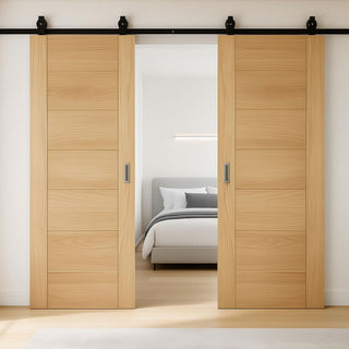 Image: Top Mounted Black Sliding Track & Double Door - Carini Oak Internal Door - Prefinished