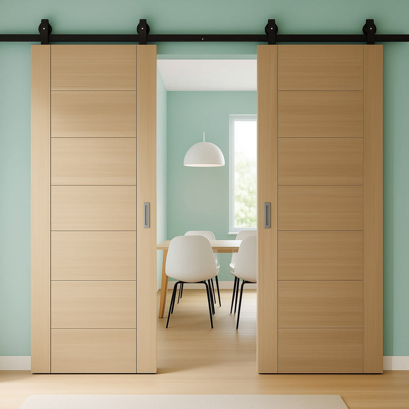 Top Mounted Black Sliding Track & Double Door - Carini Oak Internal Door - Unfinished