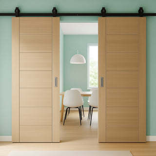 Image: Top Mounted Black Sliding Track & Double Door - Carini Oak Internal Door - Unfinished