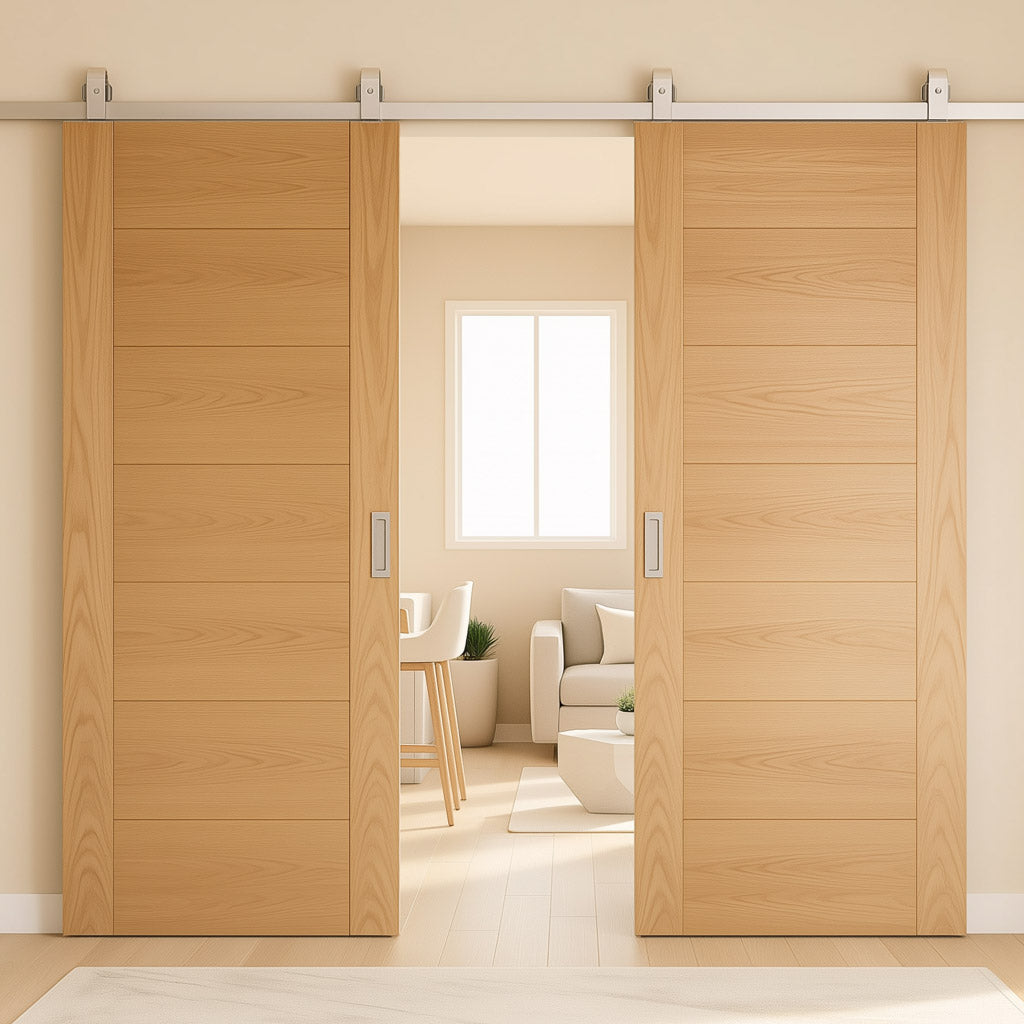 Top Mounted Stainless Steel Sliding Track & Double Door - Carini Oak Internal Door - Prefinished
