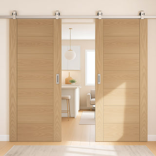 Image: Top Mounted Stainless Steel Sliding Track & Double Door - Carini Oak Internal Door - Unfinished